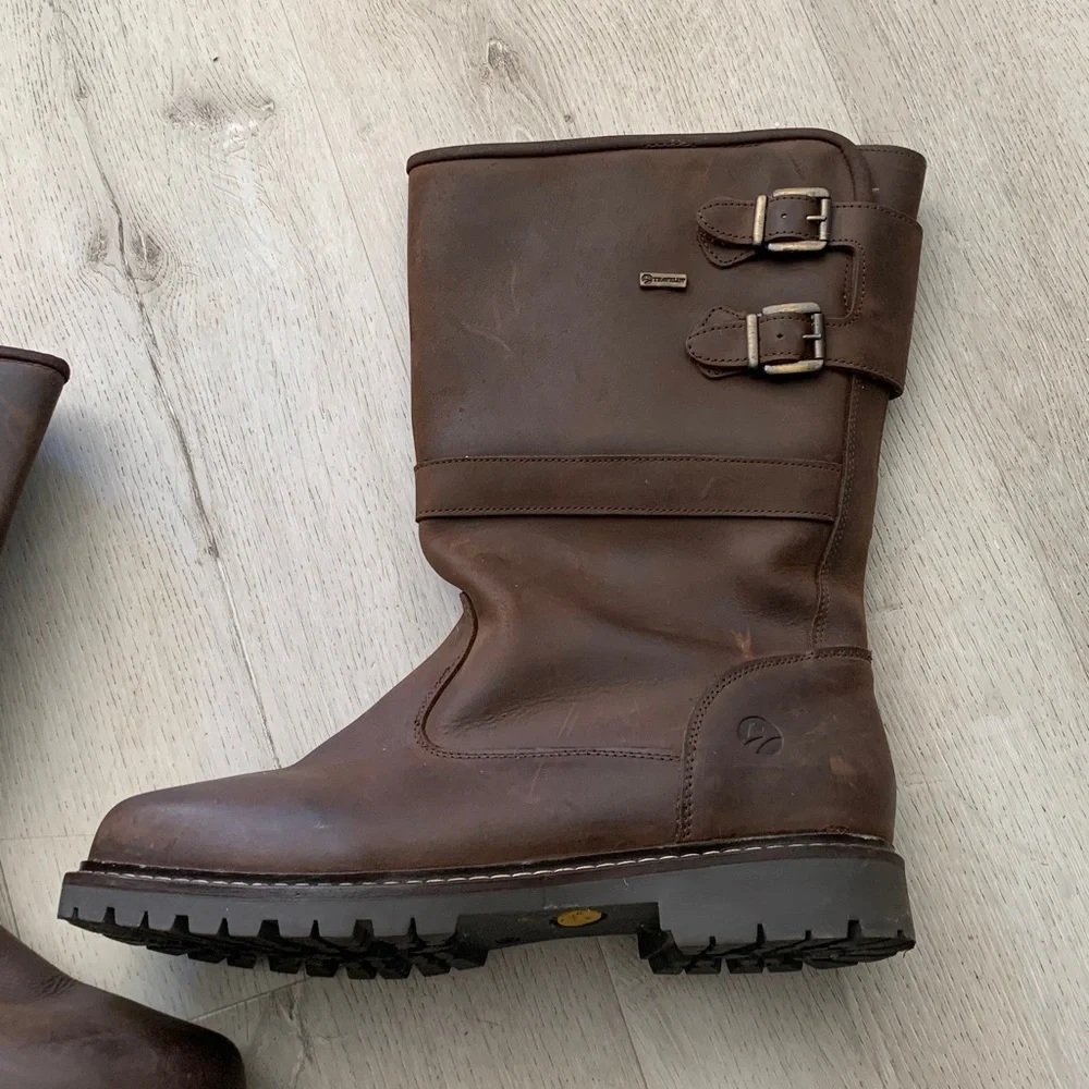 Traveling brown leather boots size 46 moto distressed‎ zipper buckle work farm